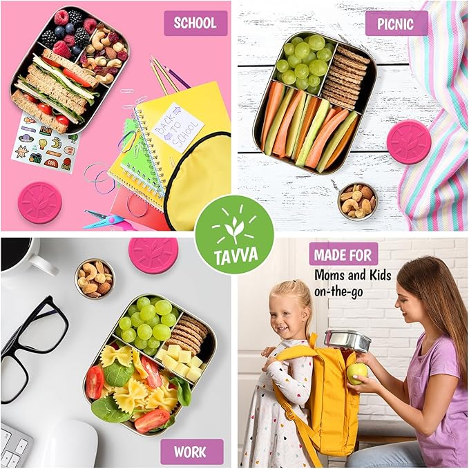 TAVVA 2-Container Lunch System Ages 6-9 - 27oz Organized Stainless Steel Bento Box for Kids with 100% Steel Lid (Dry Foods) + 1.7 Sealed Cup (All Wet Items) - Easy-Clean Design - Dishwasher Safe