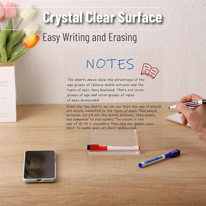Mr. Pen- Clear Acrylic Dry Erase Board with Stand, 10x10 Inches, Reusable Desk Whiteboard with 3 Markers, Portable Dry Erase Board for Notes and Reminders, Desk Whiteboard for Office, School and Home