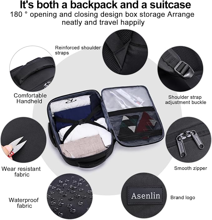 Asenlin Travel Backpack for Women Men,Flight Approved Carry On Luggage 30L Water Resistant Business Laptop Backpacks Fits TSA 15.6 Inch Computer College Weekender Outdoor Hiking-Black