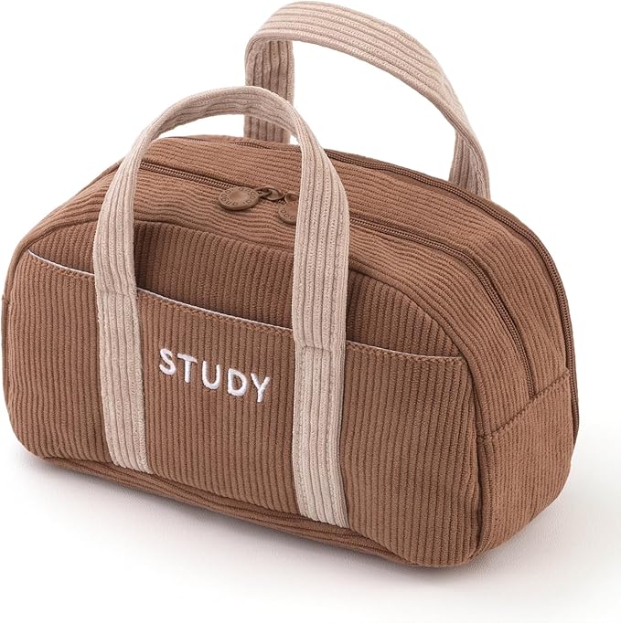 EASTHILL Corduroy Hand-held Pencil Case Large Cute Pencil Pouch Stationery Pen Bag for Teen Girls-Brown