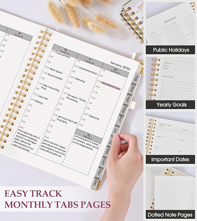 2026 Planner, Weekly and Monthly Calendar Planner from January 2026 - December 2026, 5.75" x 8.38" Hardcover Leather Hourly Appointment Book with Tabs, A5 Spiral Daily Planners for College School Work Home, White