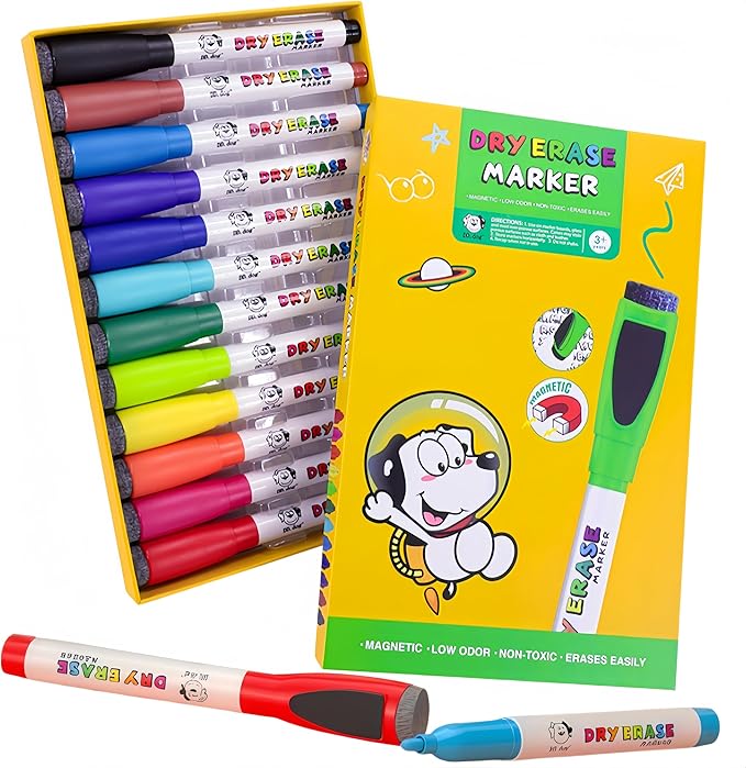 12 Colors Dry Erase Markers for Kids, Magnetic Whiteboard Pens with Eraser Cap, Low Odor Non-Toxic, Washable Coloring Markers for painting, Preschool Learning, Classroom & Home Art Supplies