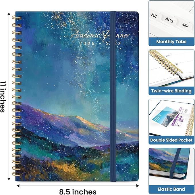 Planner 2026-2027, Academic Year Monthly and Weekly Calendar Planner, Jul 2026 - Jun 2027, Hardcover Teacher Student Planning Agenda book with Tabs, Perfect for School Office Supplies, 8.5" x 11" - Starlit Peaks