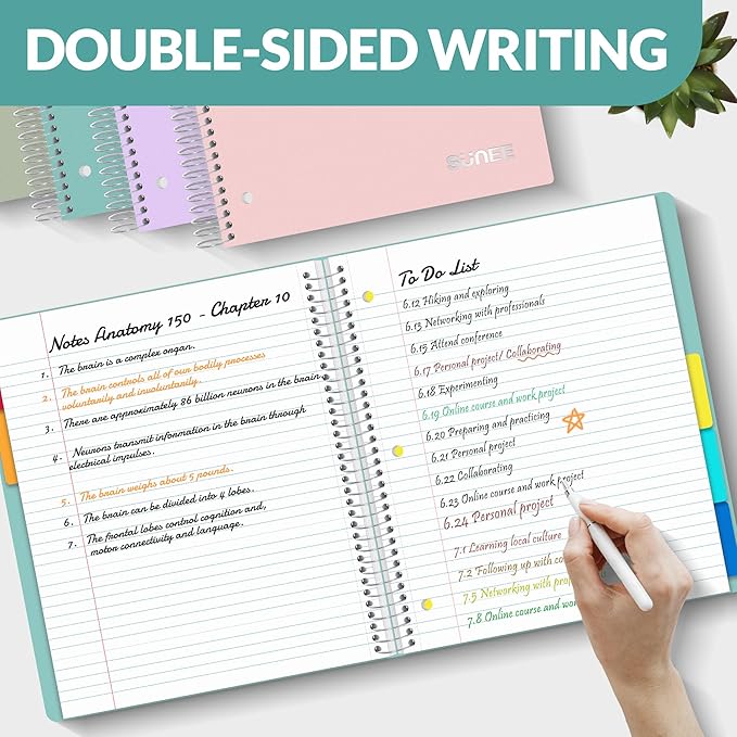 SUNEE 5 Subject Notebook College Ruled - 400 Pages, 9"x11", 5 Pocket Colored Dividers, 3-Hole Punched Paper, Teal