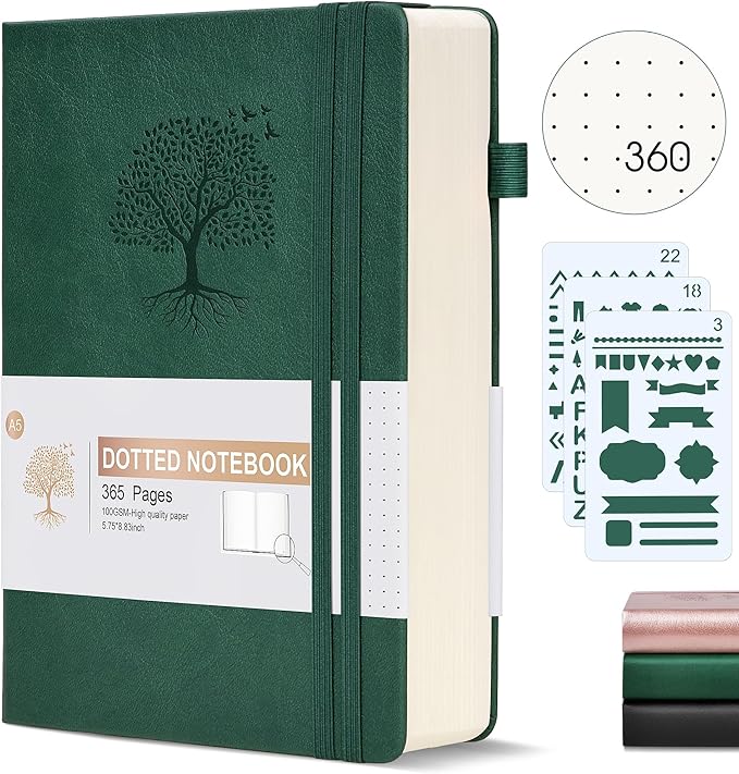 Ansopu Dotted Journal Notebook, 360 Numbered Pages Bullet Dot Grid Journal,100gsm Dot Paper Thick Hardcover Leather Journal for Writing Women Men, A5 Dotted Grid Notebooks for Work 5.75" x 8.38" Green