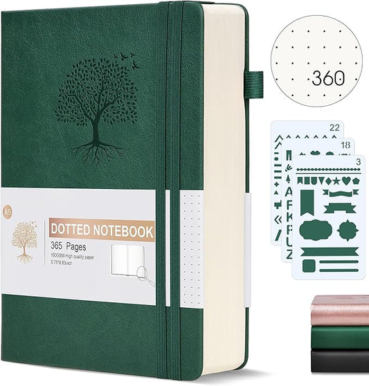Ansopu Dotted Journal Notebook, 360 Numbered Pages Bullet Dot Grid Journal,100gsm Dot Paper Thick Hardcover Leather Journal for Writing Women Men, A5 Dotted Grid Notebooks for Work 5.75" x 8.38" Green