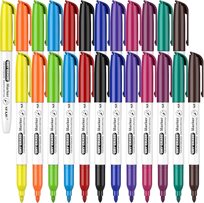 SFAIH Fine Tip Dry Erase Markers - 24 Pack 12 Assorted Color Whiteboard Erasable Markers Bulk, Ideal for Classroom School Office Home Use on White Board, Non-Toxic Easy Clean
