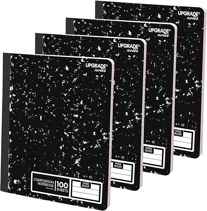 Composition Notebook, Wide-Ruled Paper, Resists Ink Bleed-Through, 100 Sheets, Size 9.75” x 7.5”. Marble Black, 4-pack