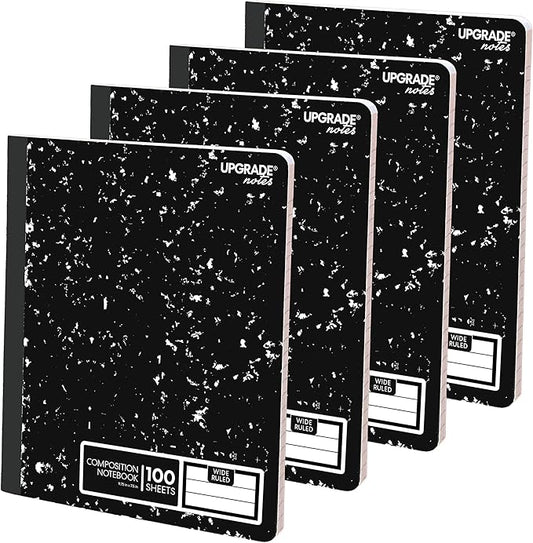 Composition Notebook, Wide-Ruled Paper, Resists Ink Bleed-Through, 100 Sheets, Size 9.75” x 7.5”. Marble Black, 4-pack
