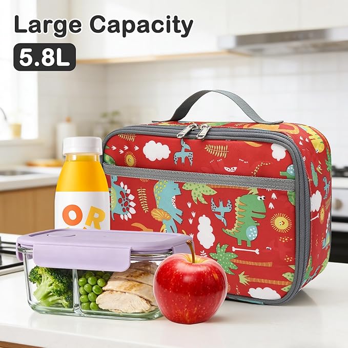FlowFly Kids Lunch box Insulated Soft Bag Mini Cooler Back to School Thermal Meal Tote Kit for Girls, Boys,Dinosaur&Coconut