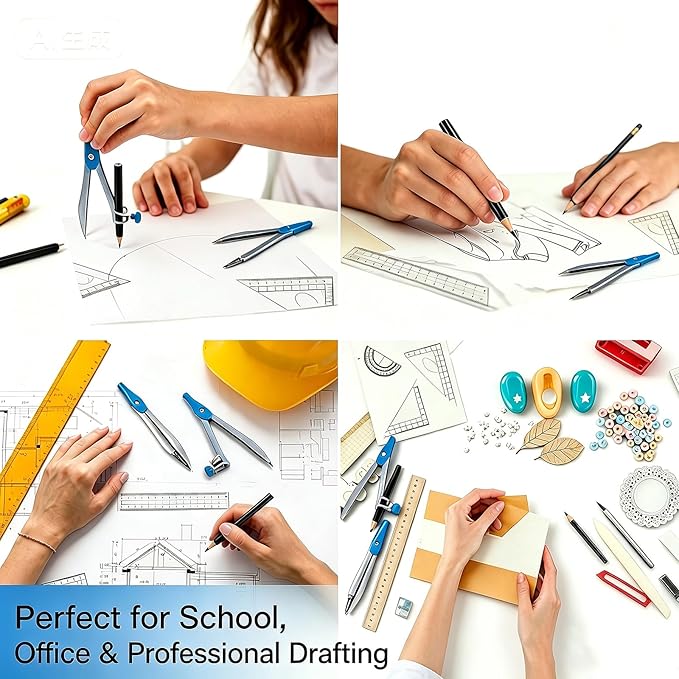 Marte Vanci 10 Piece Geometry Set, Math Geometry Kit with Storage Case, Includes 2 Compasses Rulers Protractor Pencil Eraser Sharpener Lead Refills Student Supplies for Drafting, Math Study (Blue)