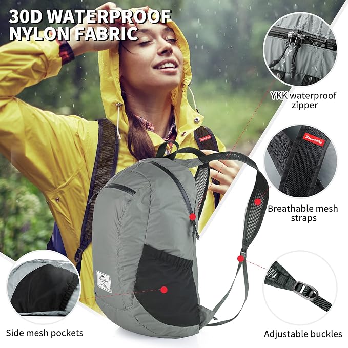 Naturehike 18L Lightweight Hiking Backpack, Waterproof Camping Packable Backpack Ultralight for Travel, Airplane, Small Hiking Daypack for Adults, Grey