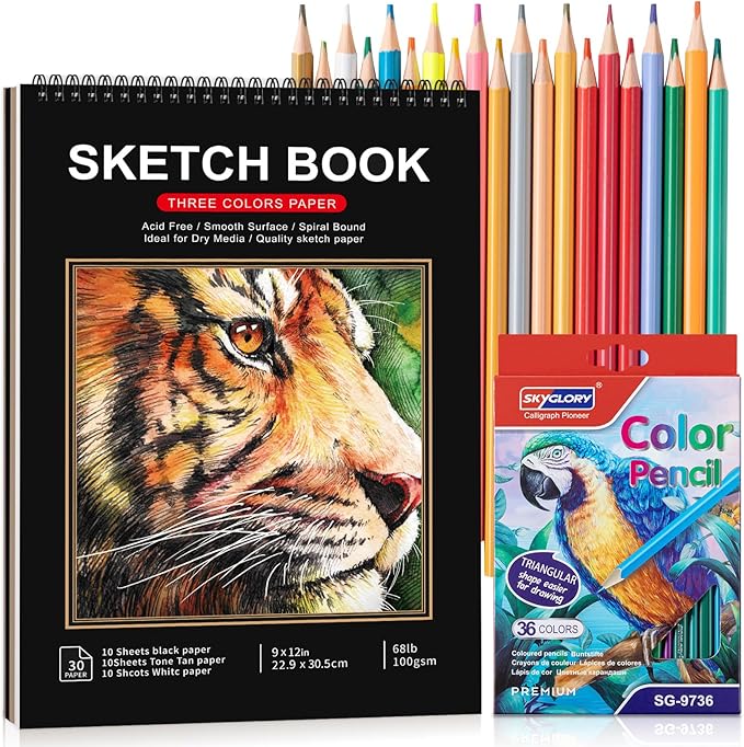 Drawing Sketchbook Kit, Sketch Book with 36 Color Pencils, Three Color Black Sketch Pad, Acid-Free Drawing Pad for Artist, Art Paper Painting Supplies for Gifts (9×12 inch)