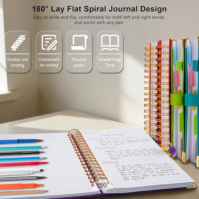 Hardcover Spiral Notebook College Ruled, 8"x10" Leather Journal Notebook with Magnetic Closure, 300 Pages 5 Subject Notebook with Dividers Tabs Journal for Women Men, Work, School(Purple)