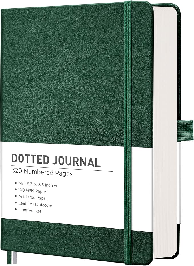 RETTACY Dotted Journal Notebook, 320 Numbered Pages, A5 Medium Size (5.7'' × 8.3''), Leather Hardcover, 100 GSM Thick Paper, for Journaling, Planning, Tracking (Dark Green)