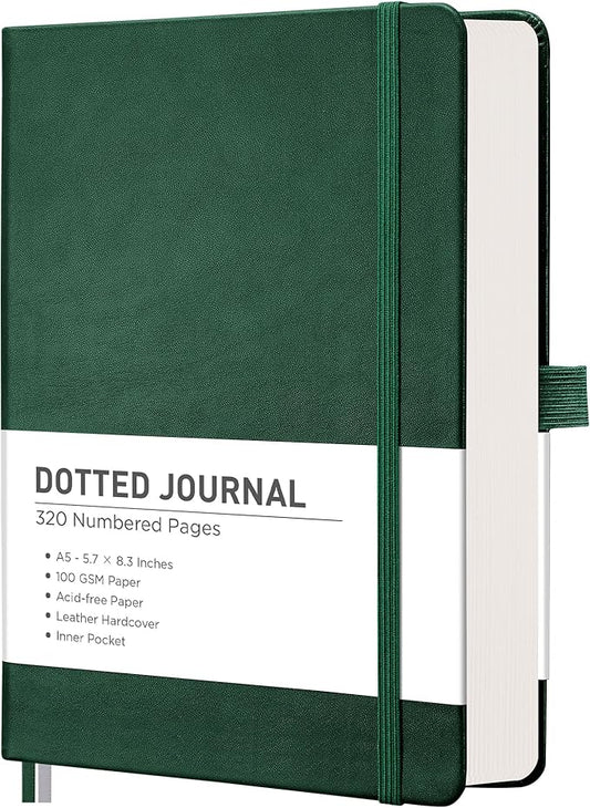 RETTACY Dotted Journal Notebook, 320 Numbered Pages, A5 Medium Size (5.7'' × 8.3''), Leather Hardcover, 100 GSM Thick Paper, for Journaling, Planning, Tracking (Dark Green)