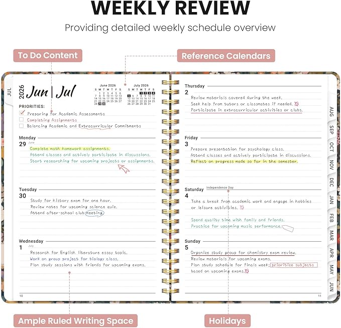 Planner 2026-2027, Monthly and Weekly Academic Planner July 2026 - June 2027, Hardcover Student Teacher Planning Agenda Calendar Book with Tabs, Perfect for Office School Supplies, A5 (6.3" x 8.5") - Garden