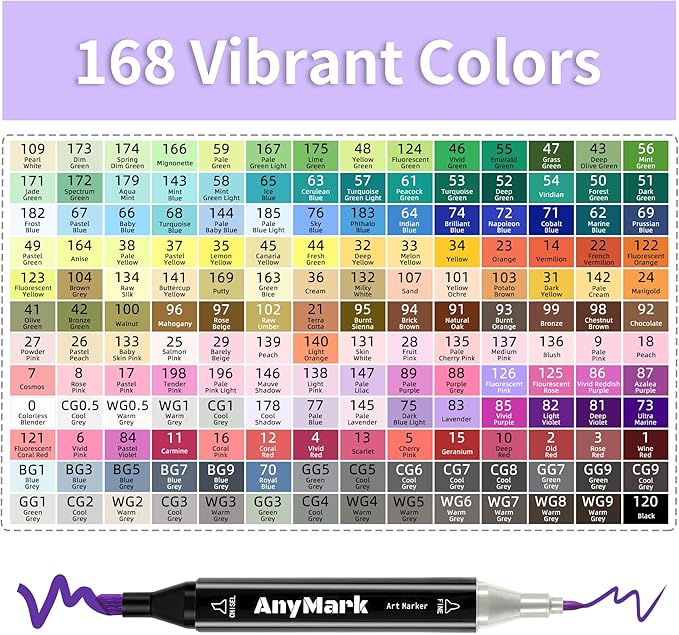 AnyMark Alcohol Markers, 168 Colors Dual Tip Art Coloring Markers Set for Adult Book Drawing Sketching Painting, Chisel & Fine, Black Penholder