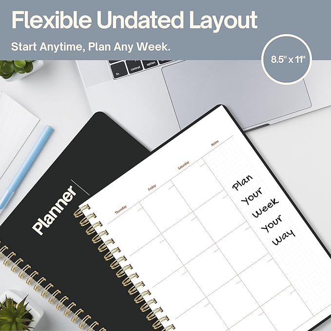 Undated Weekly Planner, 8.5" x 11", Dashboard Layout with Yearly Review, Monthly Calendars, & Weekly To Do List, Spiral Bound Organizer for Work, Study & Life (Black)