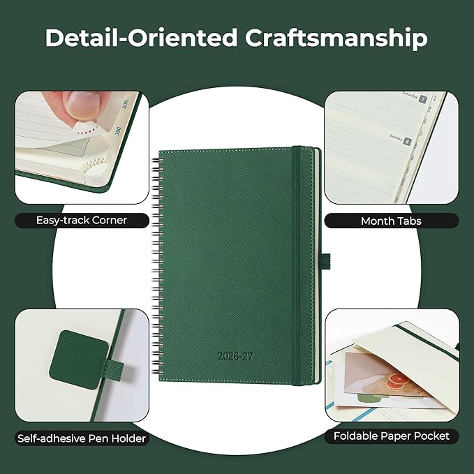 Planner 2026-2027 Daily Weekly and Monthly,8.5"x6.5",18 Months Spiral Bound Calendar Agenda with Self-adhesive Pen Holder,2026 Academic Plan with Vegan Leather Soft Cover,Green