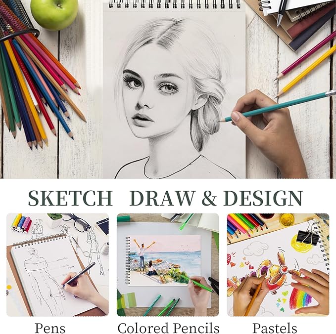 SuFly Sketch Book for Girls, 9 x 12 Spiral Bound Sketchbook, 100 Sheets Artist Sketch Pad, 68lb/100gsm White Paper Drawing Pad, Art Supplies.
