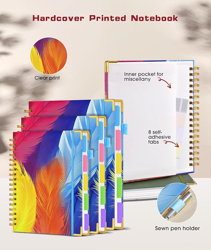 Hardcover Spiral Notebook journal with Removable Dividers Tabs, 300 Pages 5 Subject Notebook College Ruled, 100GMS Notebooks for Work School Note taking,Lined Journal for Women,A5 Colorful Feather