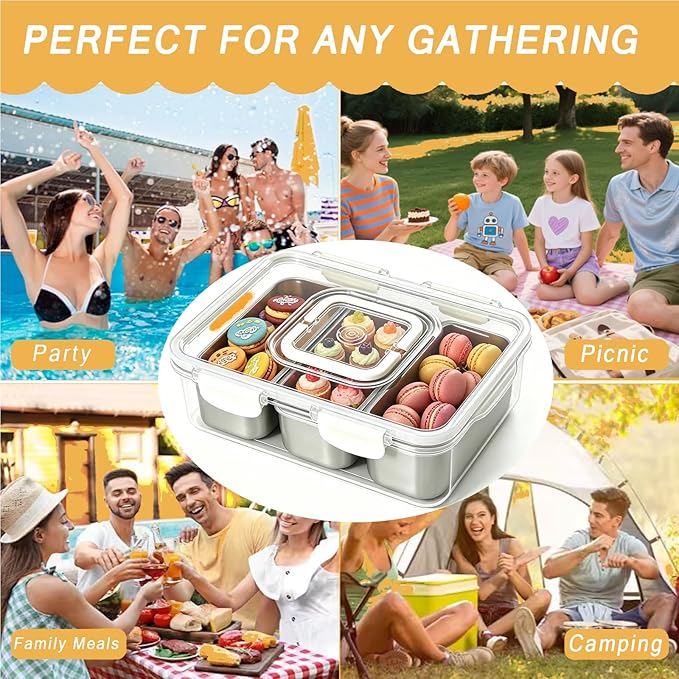 Snackle Box Container, Stainless Steel Snack Box with 3 Large Compartments, Dishwasher Safety Snack Tray with Lid and Handle, Divided Serving Tray for Travel, Picnic, Beach, Pool and Parties