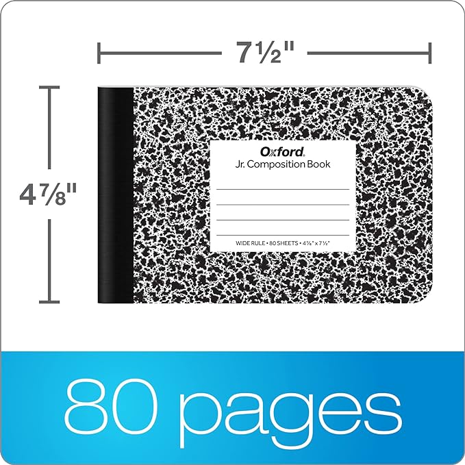 Oxford Jr. Composition Notebooks, School Supplies, Notebooks for School, Half Size, 4-7/8 x 7-1/2 Inches, Wide Ruled Paper, 80 Sheets, Kids Journal, Black Marble Covers,(63773), (Pack of 24)