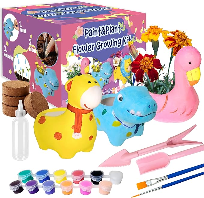 yasest Paint & Plant Flower Growing Kit for Kids - 4 Set DIY Animal Pattern Ceramic Painting Kit, Kids Gardening Set, Arts & Crafts for Ages 8-12, Birthday Gifts for 5 6 7 8 9 10 11 12 Year Old Girl