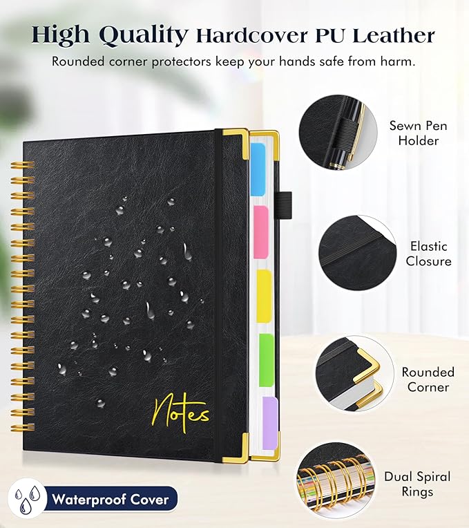 Spiral Notebook Journal with Removable Dividers Tabs, 300 Pages Hardcover Leather 5 Subject College Ruled Notebook, 8.5"x11" Large A4 Lined Journal for Women Men, Spiral Notebook for Work School,Black