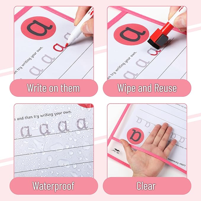 Mr. Pen- Reusable Dry Erase Pocket Sleeves, 10" x 14", 6 Pack, Pink Shades, Clear Plastic Paper Sleeves, Ticket Holders, Clear Plastic Sheet Protectors, Teacher, School, Classroom Supplies