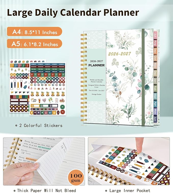 Academic Planner 2026-2027, Weekly and Monthly Calendar Planner from July 2026 - June 2027, 6.1" x 8.2" A5 Large Daily Agenda Book with Tabs, Flexible Cover, College School Organizer for Student Teacher,Aesthetic Leaf