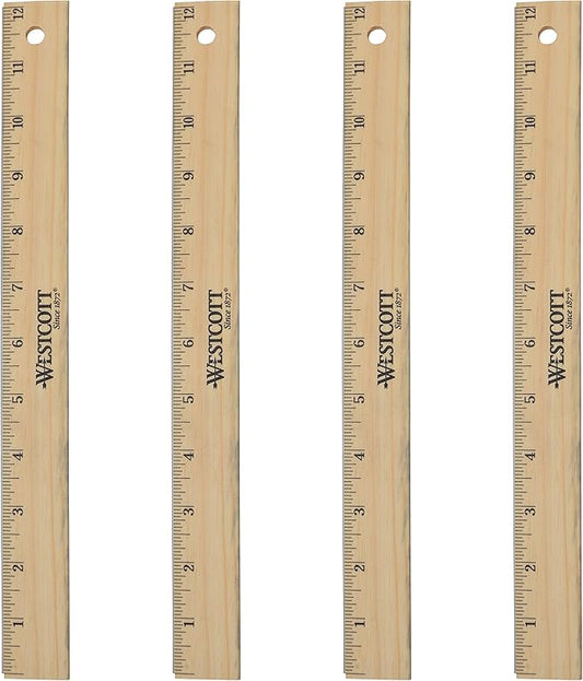 Westcott 12" Beveled Edge Wood Ruler, Pack of 4 (17142)
