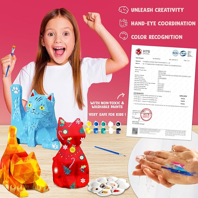 Goody King Paint Your Own Cat Lamp Art Kit, 3PCS DIY Night Light, Arts & Crafts for Kids Ages 8-12, Painting Kit for Girls Boys Age 4 5 6 7 8+, Art Supplies Cat Craft Birthday Gifts for Kids Ages 3+
