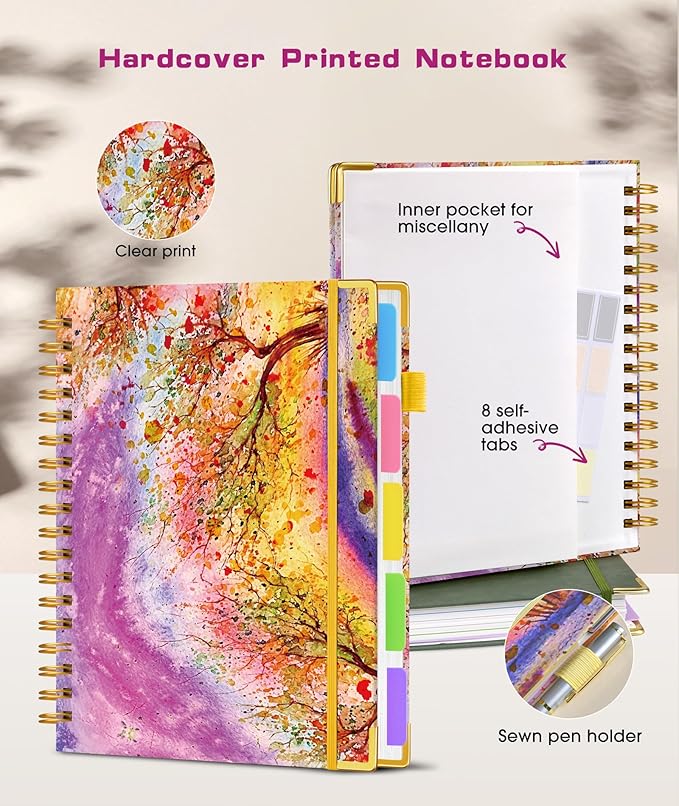Hardcover Spiral Notebook Journal with Removable Dividers Tabs, 300 Pages 5 Subject Notebook College Ruled, 100GMS Notebooks for Work School Note Taking,Lined Journal for Women,Autumn Tree