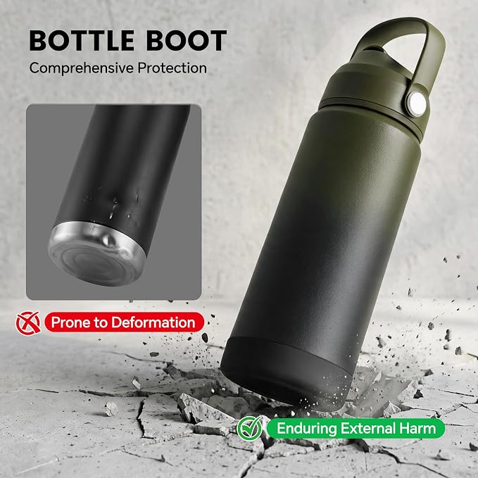 Fijinhom 18 oz Insulated Water Bottle with Straw Lid, Stainless Steel Water Bottles, Double Wall Vacuum, Portable Handle & Non-slip Bottom, BPA Free Leak Proof Metal Bottles (Green+Black/Blue, 2pack)