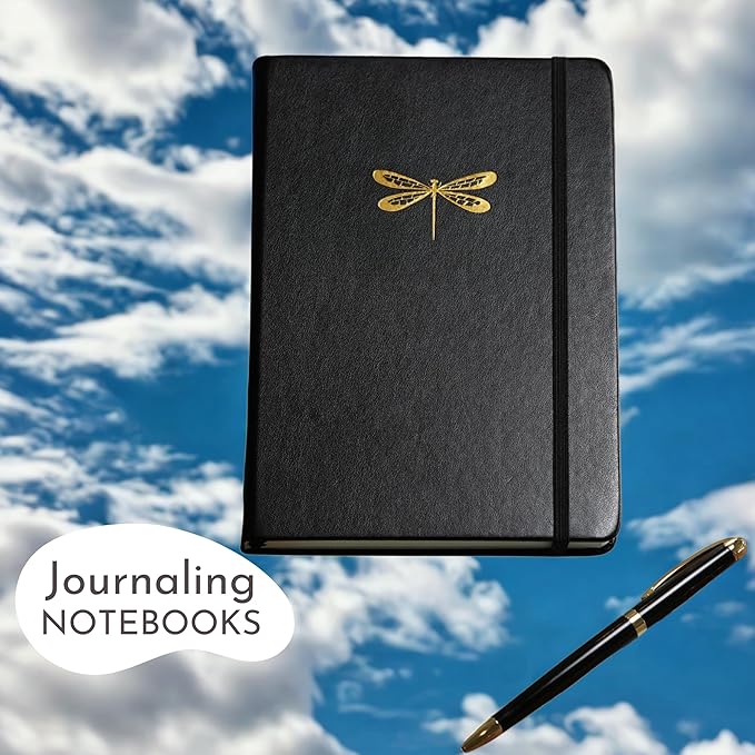 SETTINI Dotted Journal, Ideal for Bullet Journaling - A5 Vegan Leather Notebook, 192 Archival-Quality Pages, QuillEase Bleed-Free Paper, Inner Pocket & Bookmark - Dragonfly Gifts for Women, Black Dragonfly