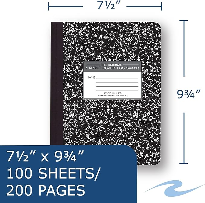 ROARING SPRING Hard Cover Composition Notebook, 24 Pack, Black Marble Comp Book, 9.75″ x 7.5″, Wide-Ruled with Margin, 100 Sheets (200 Pages), Made in USA