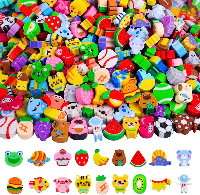 300PCS Mini Erasers for Kids Bulk, Cute Animal & Fruit Pencil Erasers Assortment, Small Classroom Rewards, Party Favor Supplies, Easter Egg Stuffers, School Prizes Goodie Bag Fillers