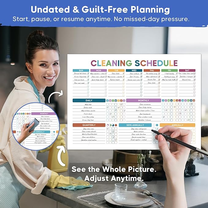 ADHD Cleaning Planner - Floral Undated Cleaning Journal & Schedule Checklist for Adults Women. Dry Erase PVC Spiral Notebook Chore Tracker for Home Management & Dopamine Menu