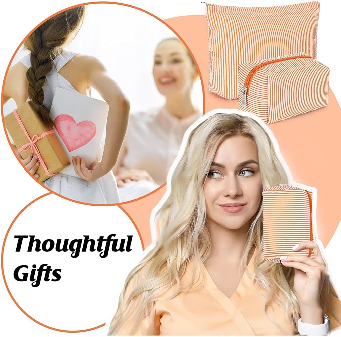 Huhumy 2 Pcs Makeup Bag Set for Women, Orange, Thin Striped Seersucker | Cute Cosmetic Pouch Women Travel Toiletry Bag Preppy Small Makeup Purse Pouch Aesthetic Skincare Brushes Storage Organizer