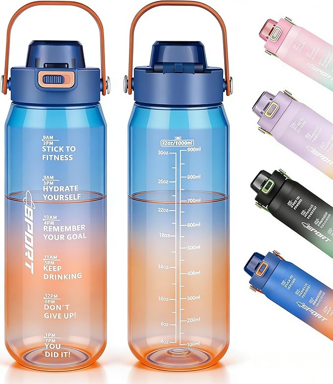 Gulex Motivational Water Bottle 32oz with Time Marker- Leakproof & BPA Free Sports Water Bottle with Straw & Carry Strap for Gym, Travel and Outdoor Sports (Blue/Orange Gradient)