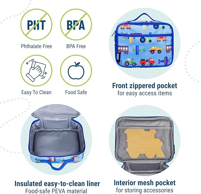 Wildkin Kids Insulated Lunch Box, Keeps Food Hot or Cold, BPA-Free with Mesh Pockets & Easy-Clean Lining – Ideal for School, Travel & Daycare – Trains, Planes, and Trucks