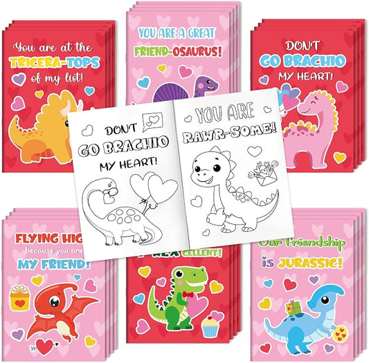Dvbonike 24Pcs Valentine's Day Dinosaur Coloring Books - DIY Color-in Pages Booklet Bulk Sweet Message Drawing Pattern Party Favor Gifts Home School Classroom Rewards Art Activity Supplies for Kids