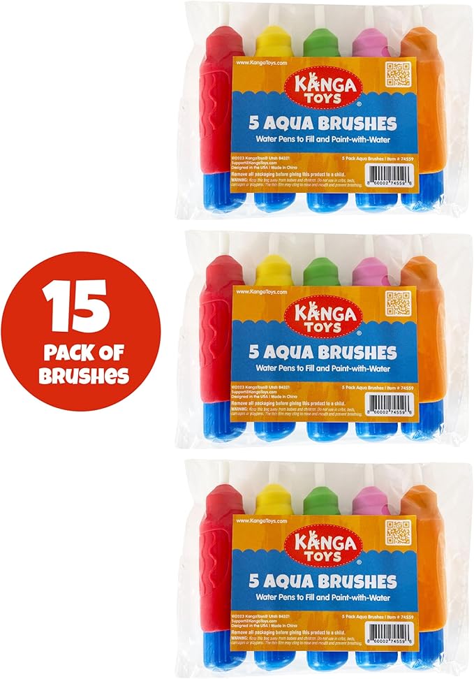 15 Multi-Color Aqua Brushes, Paint with Water Brush set, Replacement Water Doodle Wow Pens by Kanga Toys for Drawing Books or Magic Mats, for Kids Ages 3+