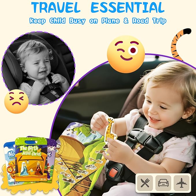 Reusable Sticker Books for Toddlers 1-3, Puffy Stickers Book for Kids Ages 2-4, Toddler Travel Activities Book Toy for Birthday Christmas - Christianity Jesus, Noah's Ark, Fairy Tales(3 Set)