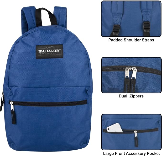 Trail maker 24 Pack Classic 17 Inch Backpacks in Bulk Wholesale Back Packs for Boys and Girls