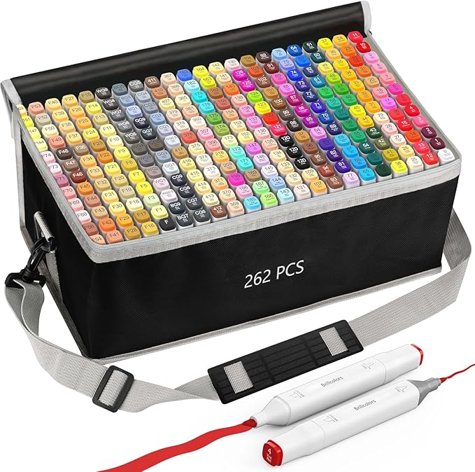 Brillcolors 262 Colors Alcohol Markers Set with Base Dual Tip Drawing Markers for Comics Coloring Sketching Illustration (262 White) -Refillable
