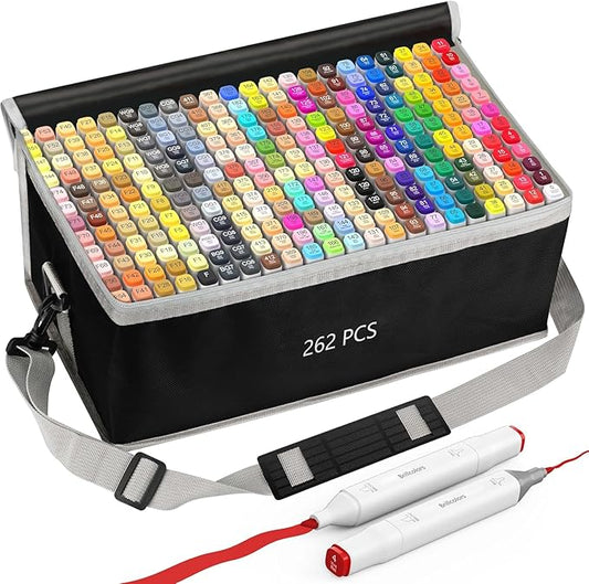 Brillcolors 262 Colors Alcohol Markers Set with Base Dual Tip Drawing Markers for Comics Coloring Sketching Illustration (262 White) -Refillable