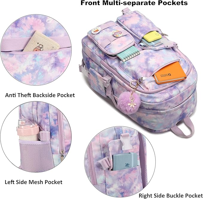 Hidds Laptop Backpacks 15.6 Inch College Backpack Elementary Middle High School Book Bag Cute Bookbags Anti Theft Travel Back Pack Casual Daypack Kids for Teens Girls Women Students (Tie-Dye Purple)